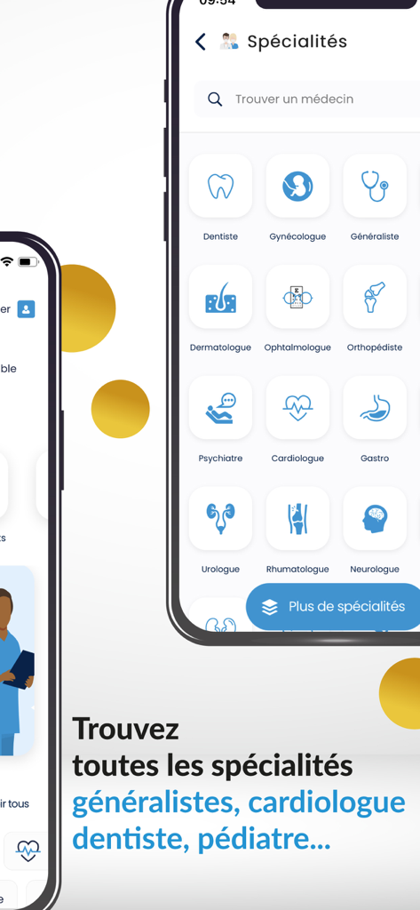 Med - Interfaz de la aplicación móvil que muestra varios iconos de especialidades médicas para encontrar médicos.