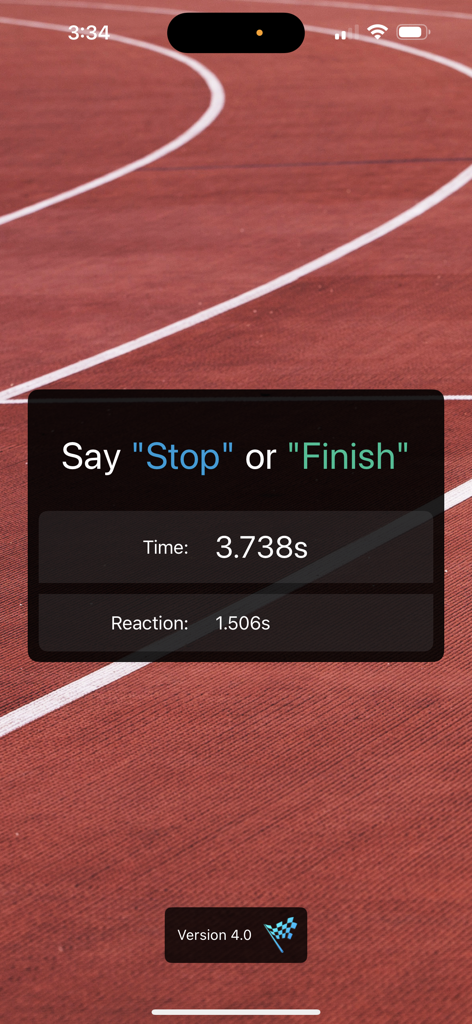 Racing Start Simulator - A sports training app interface showing a sprint reaction time of 1.506 seconds with voice command instructions over an athletic track background.