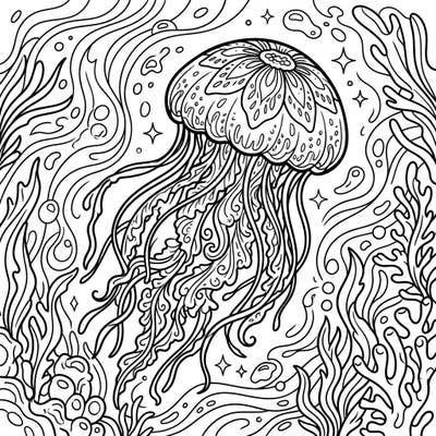 Explore the mesmerizing world beneath the waves with this exquisite Flower Hat Jellyfish coloring template. Its unique bell and flowing tentacles offer a captivating challenge for all coloring enthusiasts.