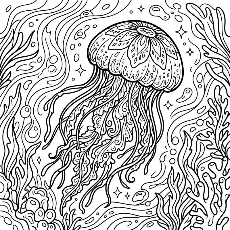 Explore the mesmerizing world beneath the waves with this exquisite Flower Hat Jellyfish coloring template. Its unique bell and flowing tentacles offer a captivating challenge for all coloring enthusiasts.
