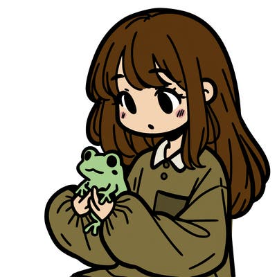 girl with long hair and a oversized shirt. and she is holding a frog