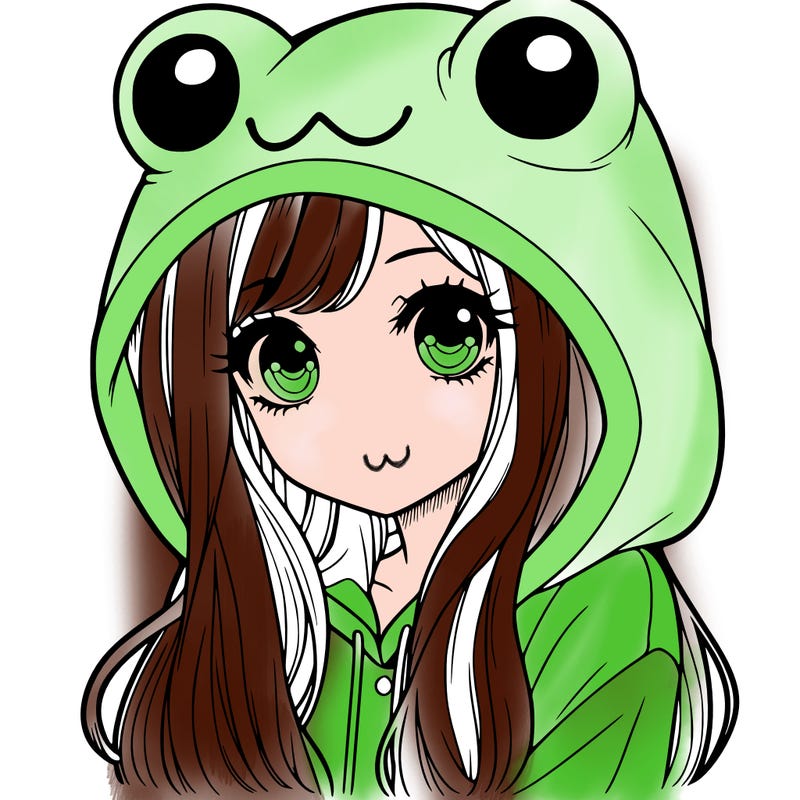 a pretty girl wearing a frog hoodie portrait with long hair