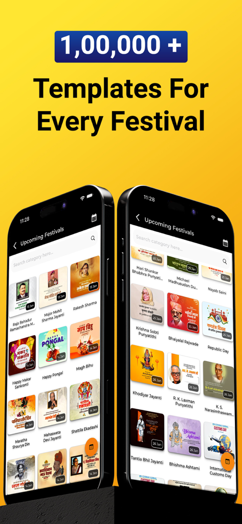 Mobile app screen showing over one hundred thousand templates for Indian festivals and special events.