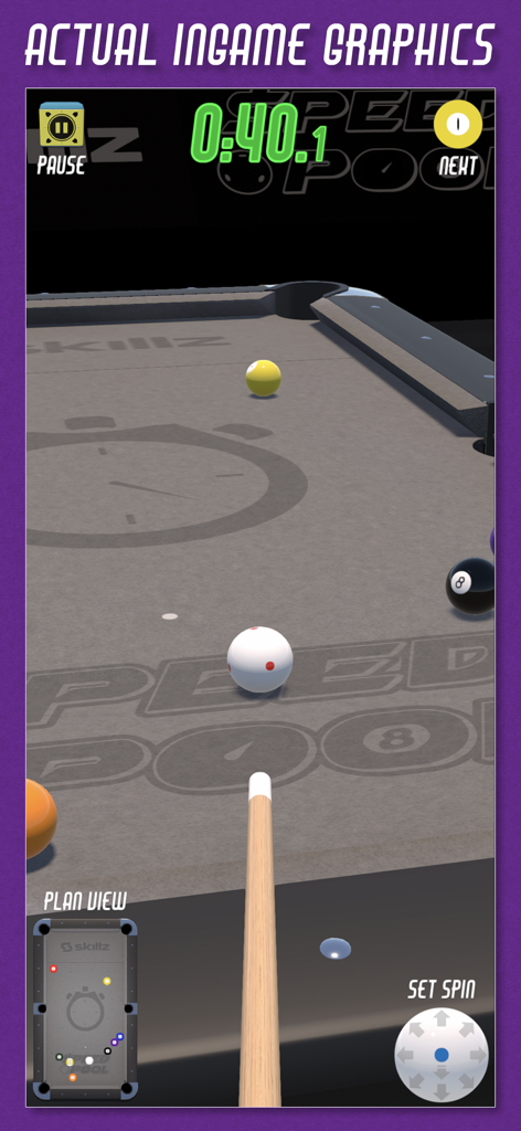 Speed Pool 3D gameplay screenshot showing the pool table cue stick and game timer