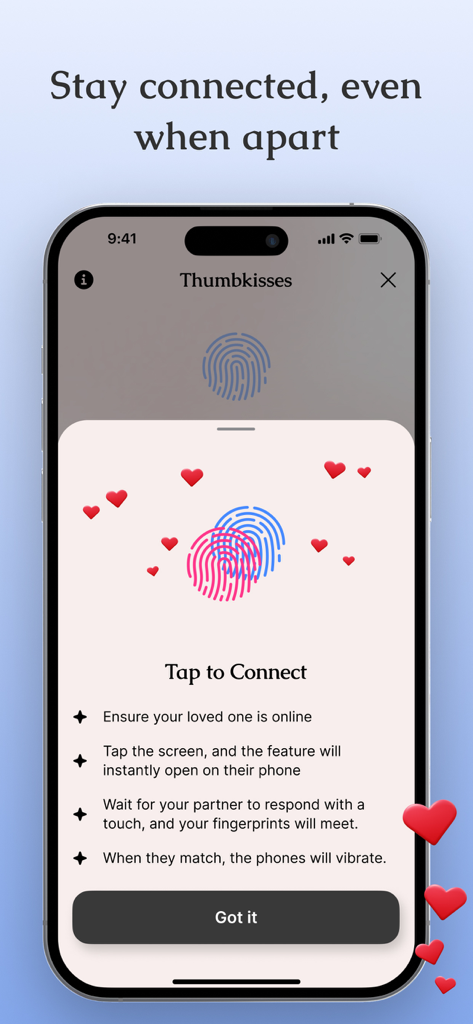 Just Between Us - Couples Chat - Uno screenshot della funzione Thumbkisses nell'app Just Between Us che mostra come le coppie possono connettersi tramite impronte digitali corrispondenti sullo schermo