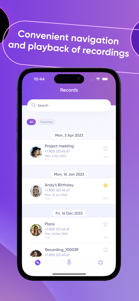 REKK Call Recorder interface displaying a list of recorded calls organized by date with search and favorite options.