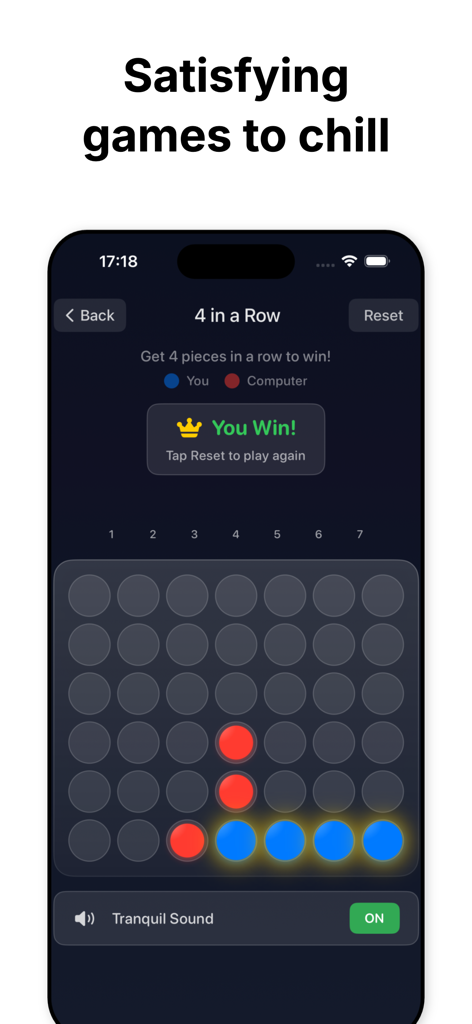 Screenshot of the 4 in a Row mini-game within the Sleep Games app featuring a dark mode interface and tranquil sound options