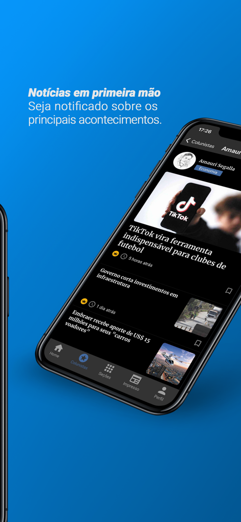 Smartphone screen showing the Estado de Minas news app with real-time notifications and news feed in Portuguese