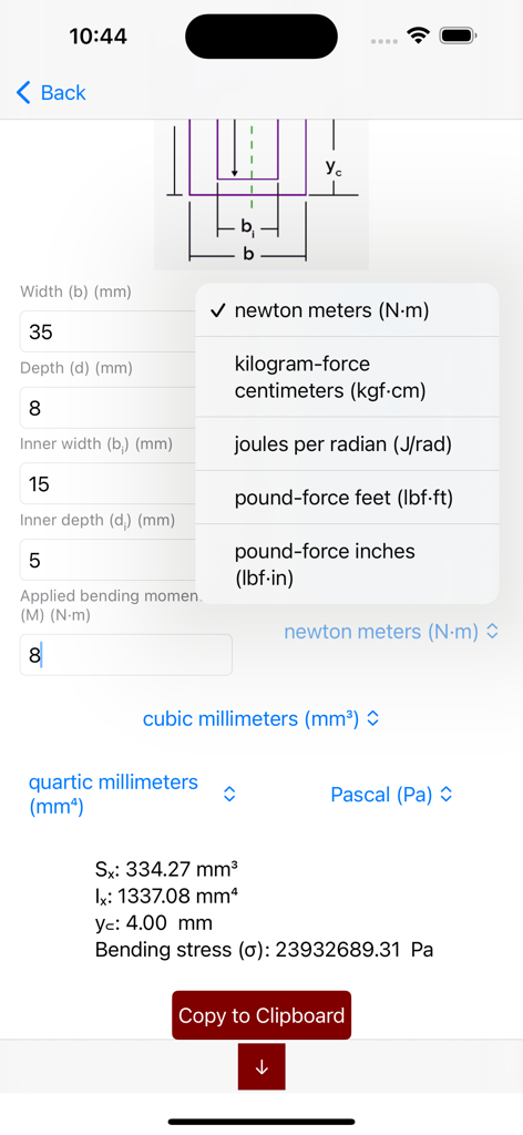 Beam Stress Calculator Beamer - Beam Stress Calculator app interface showing bending stress calculation results for a hollow rectangular beam with unit selection menu