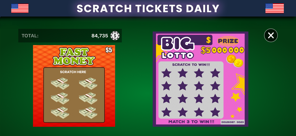 Rascas de lotería virtuales diarias que incluyen Fast Money y Big Lotto dentro del juego de casino Roulette VIP