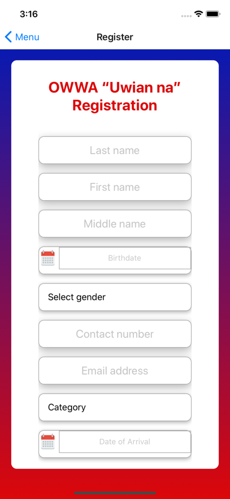 OWWA Uwian na - Pantalla de registro de la aplicación móvil OWWA Uwian na para trabajadores extranjeros que regresan