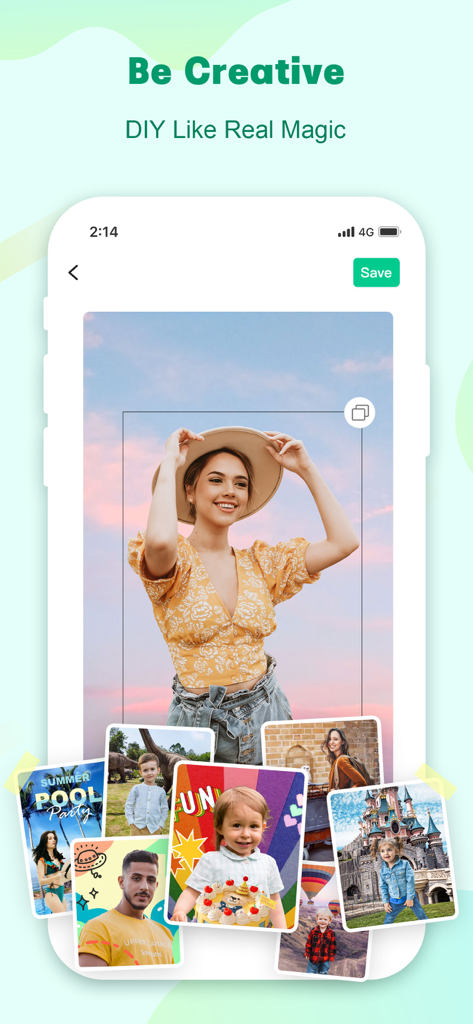 Apowersoft: Background Eraser - Mobile app screen showing creative background replacement with several photo examples including portraits and travel scenes