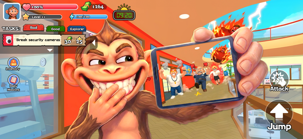 Monkey Student: School Prank - Un travieso personaje de mono sosteniendo un teléfono que muestra profesores enfadados en un juego de bromas escolares.