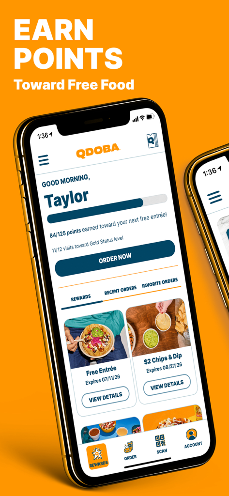 Interfaz de la aplicación móvil QDOBA que muestra el progreso de los puntos de recompensa de fidelidad y las ofertas de comida gratis disponibles