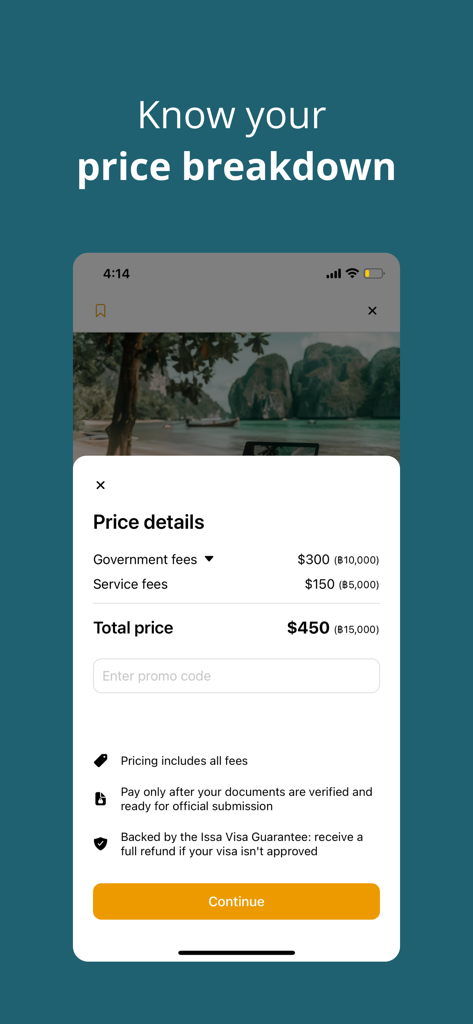 Transparent price breakdown and visa guarantee on Issa Compass app