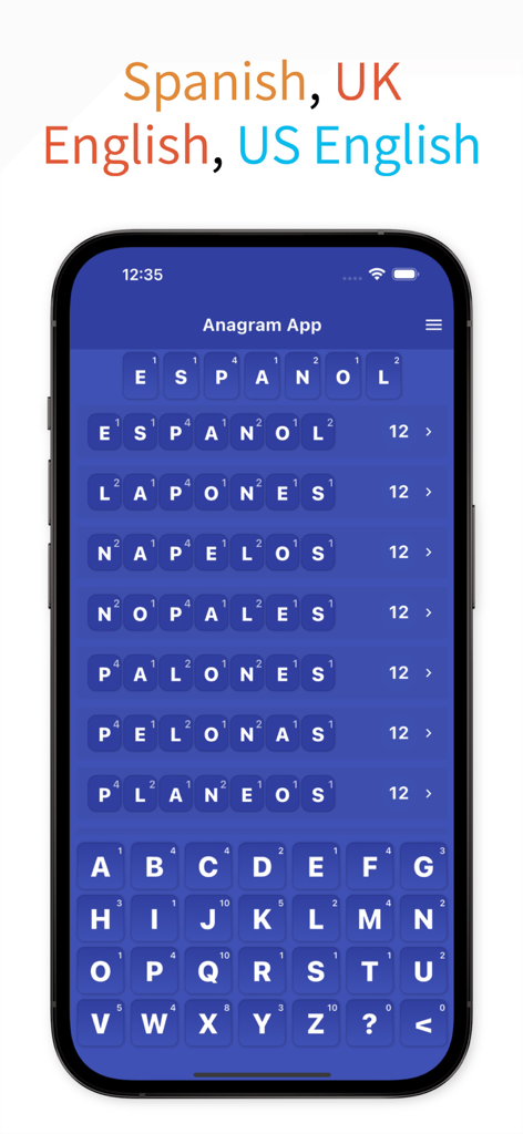 Interface de l'application Résolveur d'anagrammes montrant des résultats de mots espagnols avec des scores pour des jeux de mots comme Scrabble.