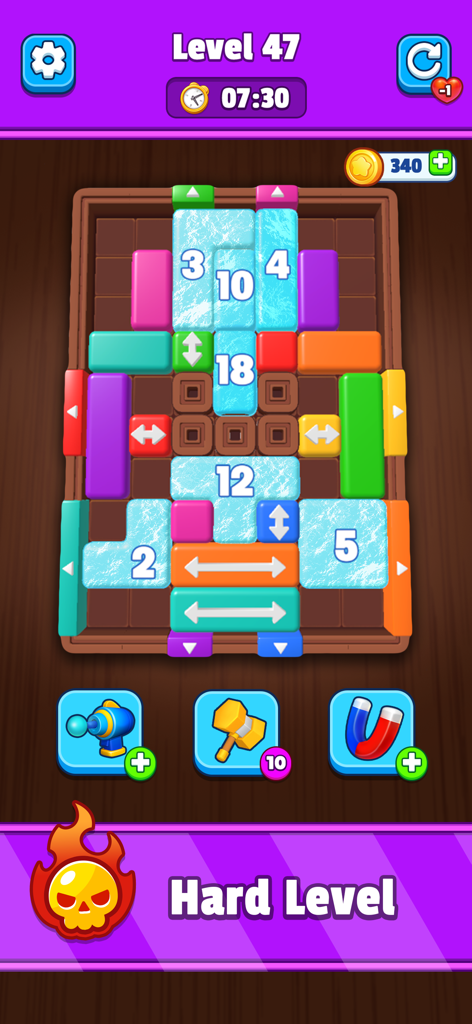 Color Jam Away - Block Puzzle - Gameplay screenshot of a hard level in Color Jam Away showing a complex block puzzle with various colored sliding blocks and power-ups.