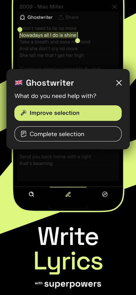 Fast Rhymes Songwriting Studio - Interfaz de la aplicación Fast Rhymes mostrando la herramienta Ghostwriter IA para asistencia en la composición
