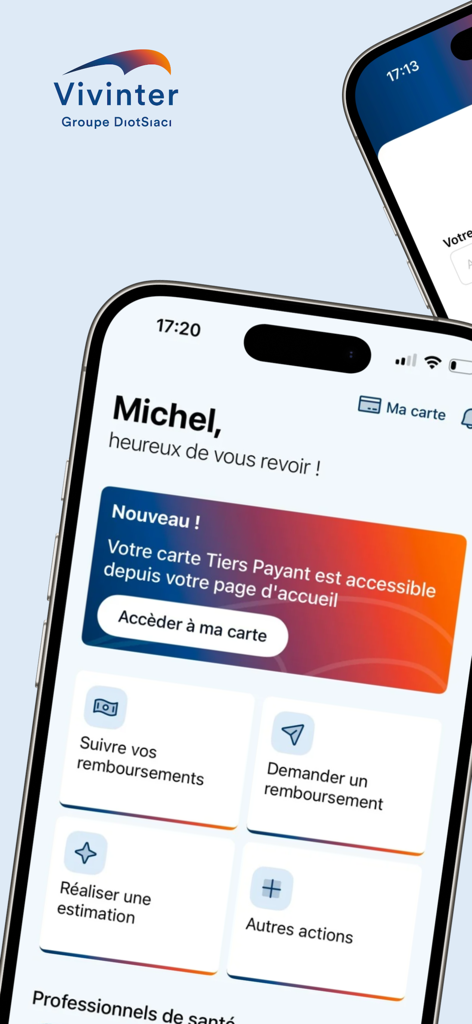 Tableau de bord de l'application mobile d'assurance santé Vivinter montrant le suivi des remboursements et l'accès aux cartes.