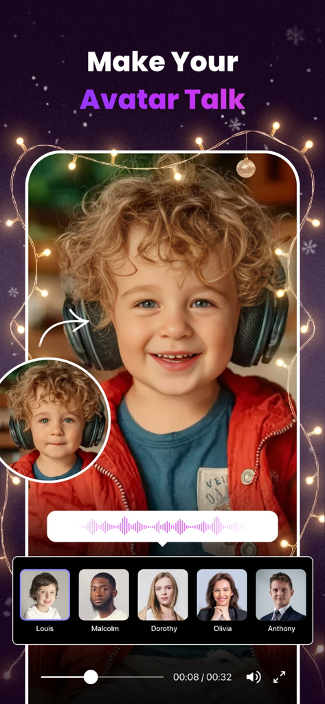 Interfaz de la aplicación móvil Clipfly que muestra la función 'Haz que tu avatar hable' con un avatar infantil parlante generado por IA