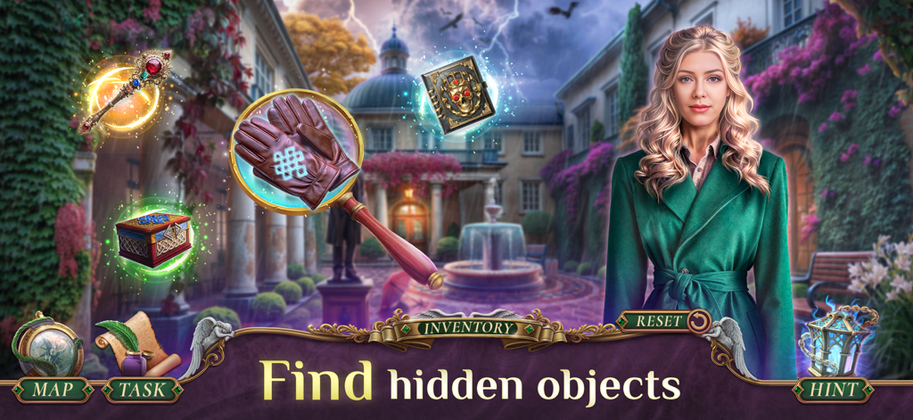 Grim Tales 26: Mystery Game - A blonde woman in a green coat standing in a gothic courtyard with magical floating items and a find hidden objects prompt.