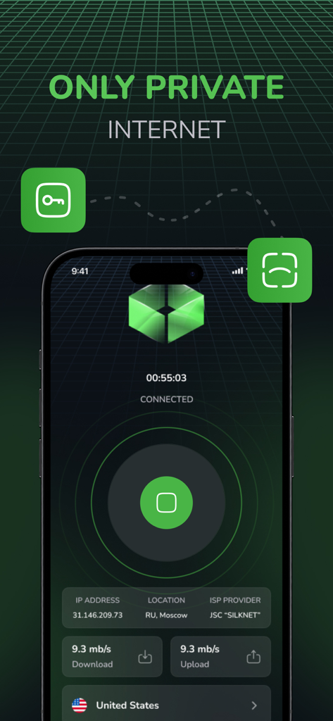B-Secure - Interfaz VPN de B-Secure en iPhone mostrando una conexión segura con texto de Internet privado
