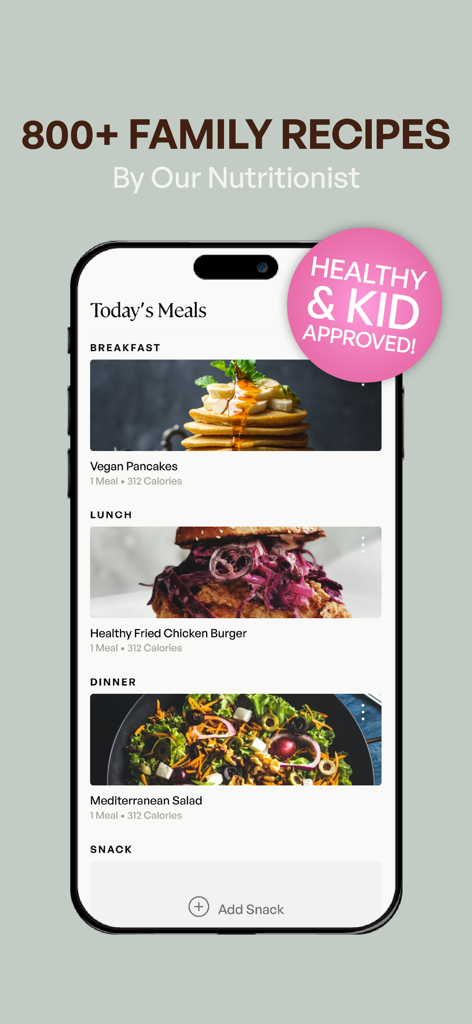 Transform by Fitaz - App interface showing healthy family recipes and daily meal plans by a nutritionist.