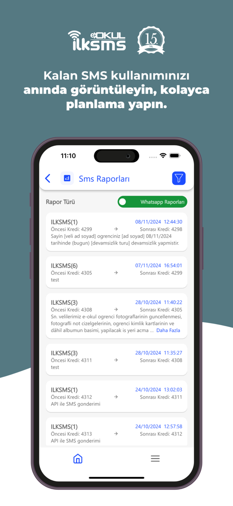 A mobile screen showing the SMS reports and logs of the ilkSMS app for school management.