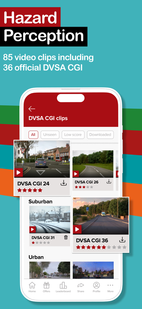 Driving Theory Test 4 in 1 Kit - Interface of the Driving Theory Test app showing hazard perception video clips and official DVSA CGI scenarios