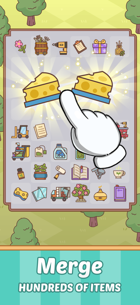 Merge Mend : Renovate Town - Pantalla de juego de Merge Mend Renovate Town que muestra una mano fusionando dos objetos en un tablero de acertijos