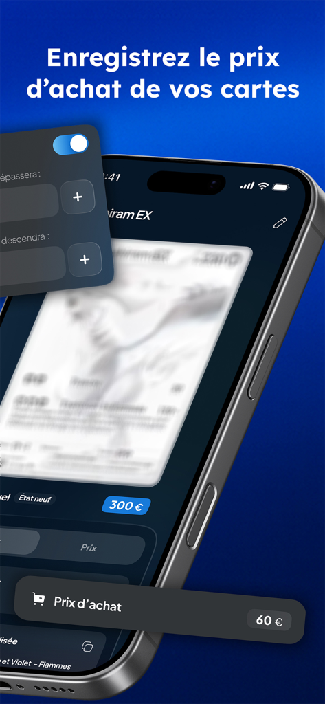 Interface do aplicativo móvel Cardzia mostrando o recurso para registrar preços de compra de cards de Pokémon para acompanhar o valor da coleção.