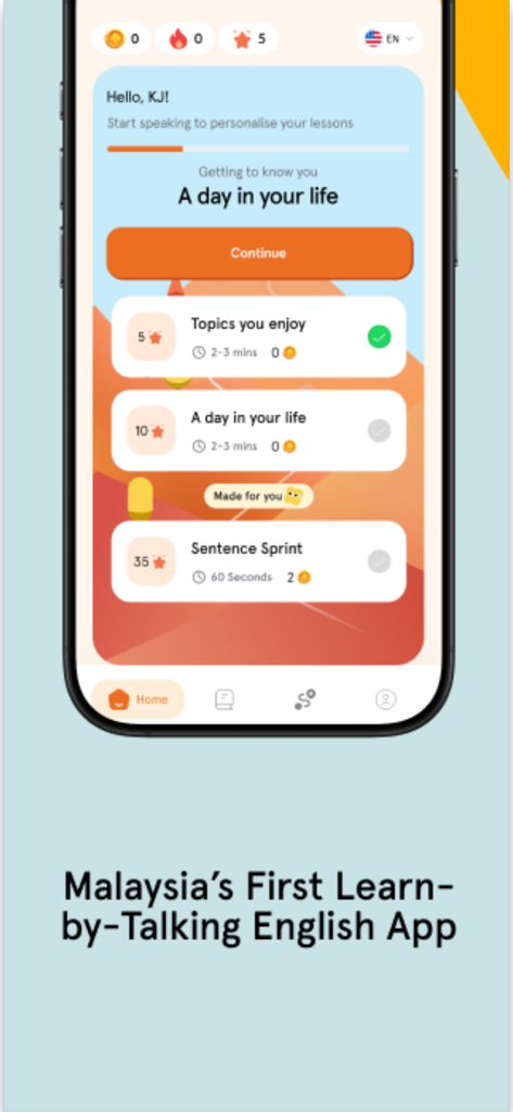 Kelas Sekejap - Kelas Sekejap mobile app home screen showing English speaking lessons and the slogan Malaysia's First Learn by Talking English App