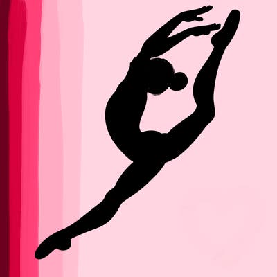 gymnast doing a leap in a leotard with a bent back leg