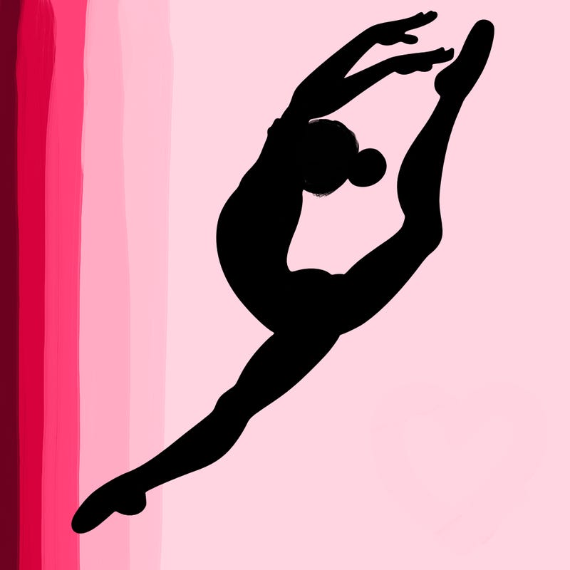 gymnast doing a leap in a leotard with a bent back leg