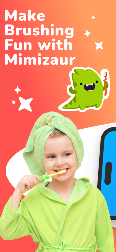 Une jeune fille en peignoir vert se brossant les dents à côté du personnage Mimizaur.