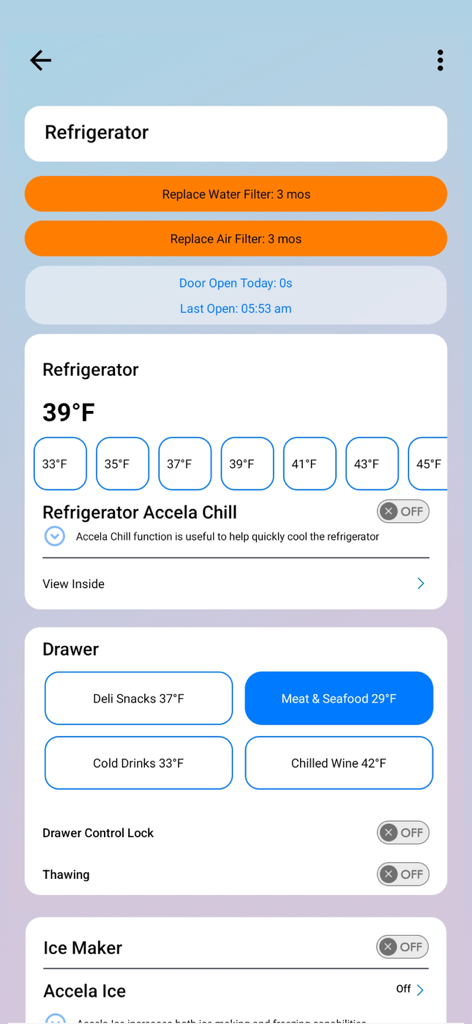Kenmore Smart - Kenmore Smart app interface for managing refrigerator temperature, filters, and storage drawer settings