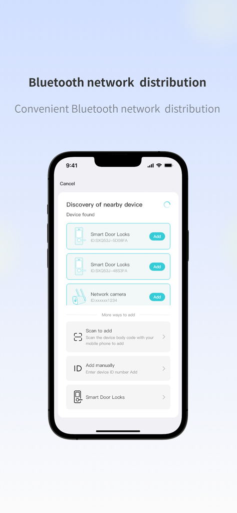 iSee Home - iSee Home app screen showing Bluetooth setup for smart door locks and cameras.