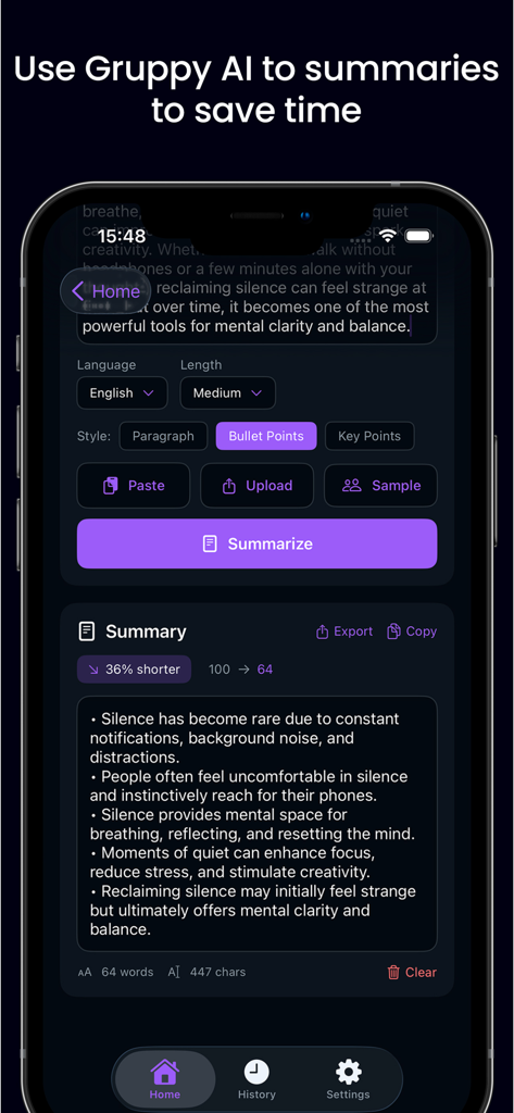 Grubby AI app interface showing the text summarization tool with bullet point results