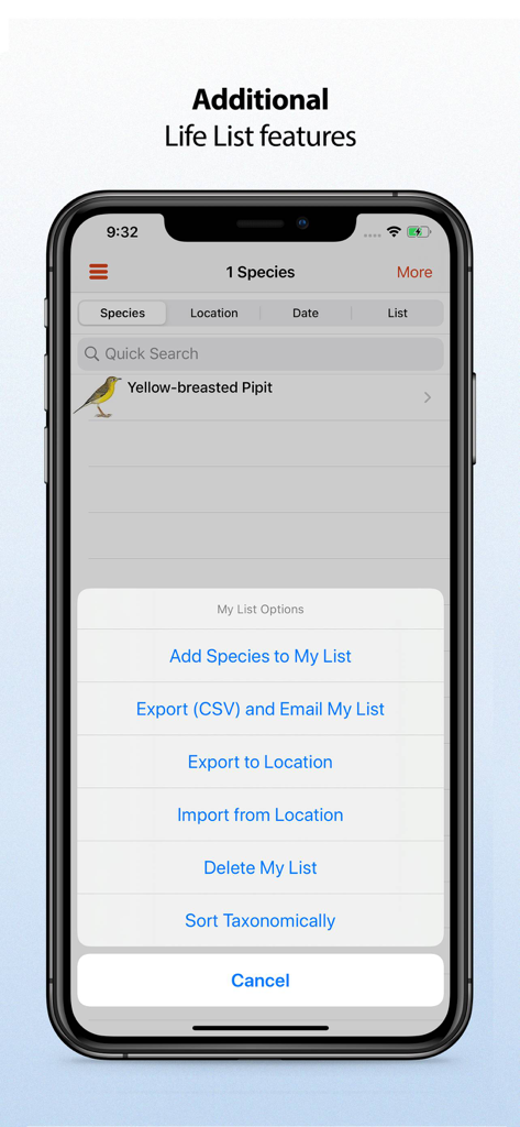 Uno schermo mobile che mostra il menu di gestione della lista di vita nell'app Sasol eBirds, comprese le opzioni di esportazione e ordinamento tassonomico