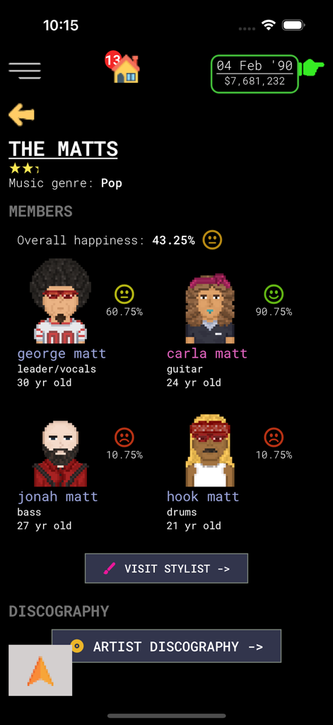 CD Market - Music Label Sim - Band profile screen in CD Market showing members of a pop band named The Matts with their roles and happiness levels