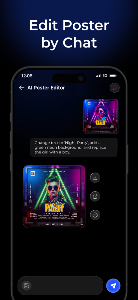 AI Poster Maker - Flyra - Interfaz de la aplicación Flyra mostrando a un usuario editando un póster de fiesta a través de una solicitud de chat con IA conversacional