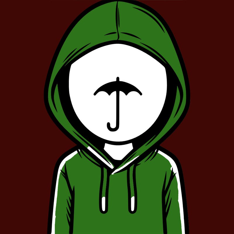a person with non face waering a hoodie with a small umbrella symbol