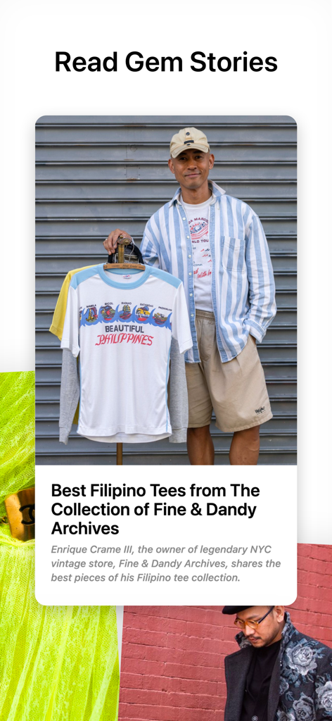 Gem - Search Vintage - A screen from the Gem app titled Read Gem Stories featuring a curated article about vintage Filipino t-shirts from Fine and Dandy Archives.
