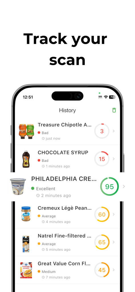 Safe Choice - Product Scanner - Safe Choice app history screen displaying trust scores and safety ratings for various scanned food products.