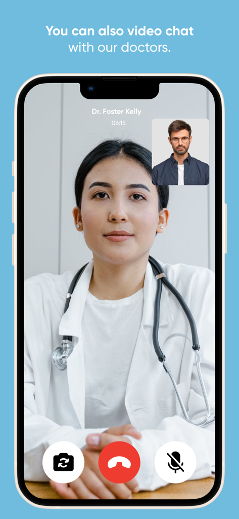 SkyMD 24/7 Telehealth - 스마트폰 화면, SkyMD 앱에서 의사와 환자 간의 실시간 영상 통화 표시