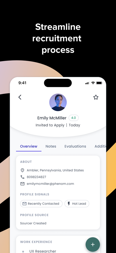 Phenom Recruiter - A mobile screen showing the Phenom Recruiter app candidate profile overview with contact information and status tags