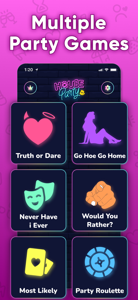 House Party: Adult Party Games - Main menu screen of the House Party app showing game modes like Truth or Dare and Never Have I Ever