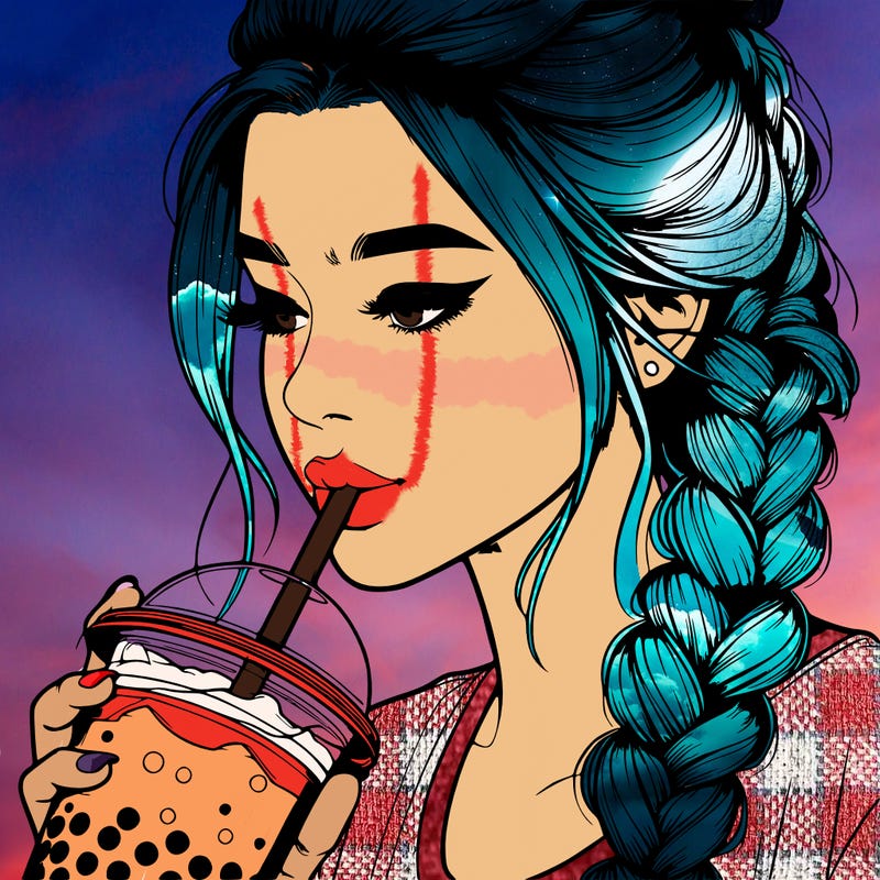 realistic girl drinking boba tea with braided hair