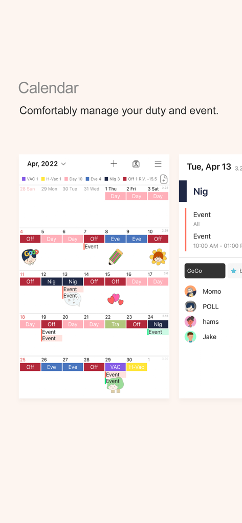 MYDUTY - Nurse Calendar - MYDUTY app interface showing a monthly calendar with color-coded nurse shifts and group events.