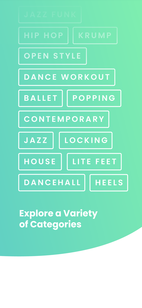 Una pantalla que muestra varias categorías de baile en la aplicación STEEZY como Hip Hop Krump y Ballet